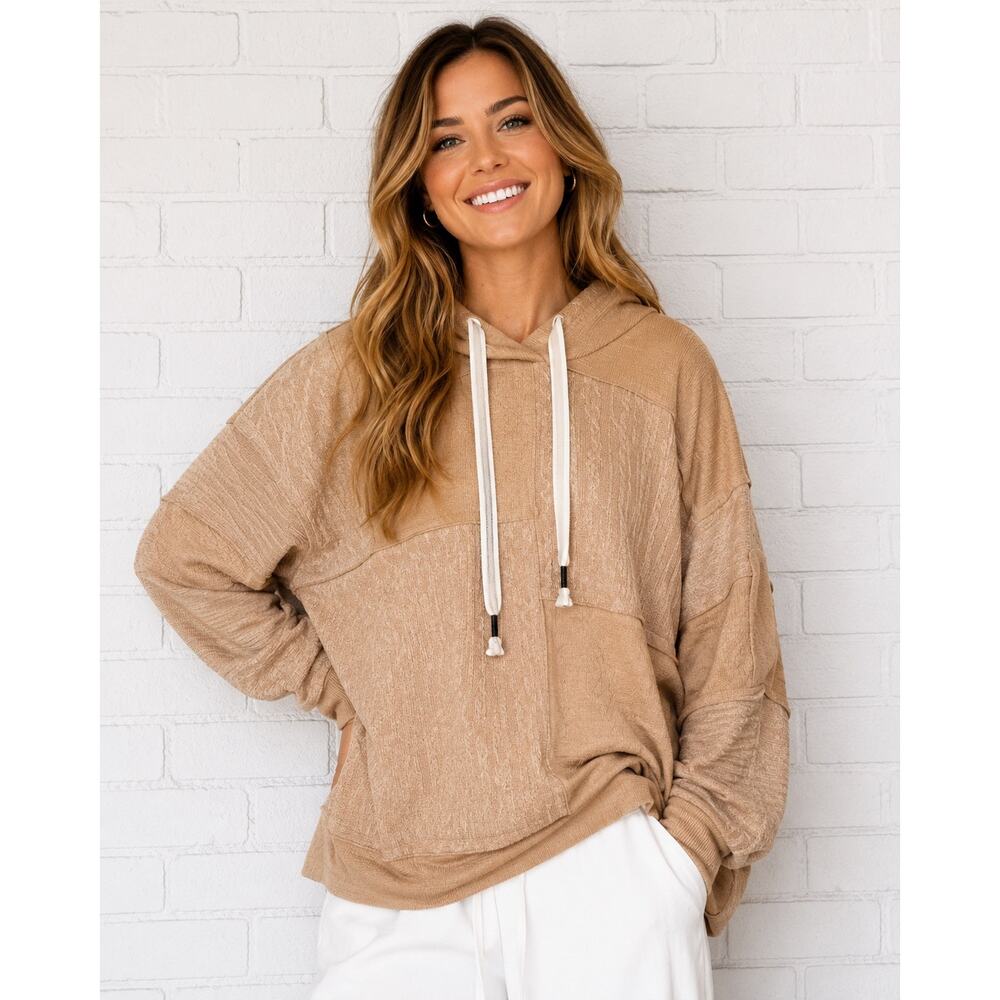 POL Beige Patchwork Knit Hoodie Sweater Women’s Large Boho Lightweight Pullover